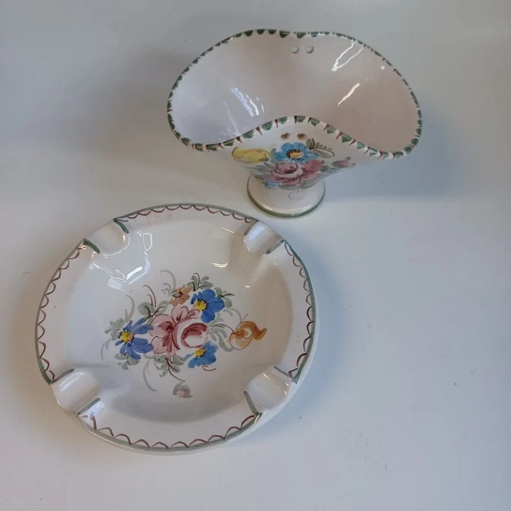 Vintage Ulmer Keramik Basket and Dish Hand Painted Floral Pottery Missing Handle